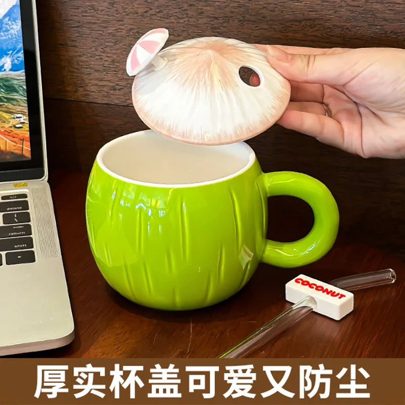 Coconut Shaped Mug Cute Drinking Cup With Lid and Straw Drinkware