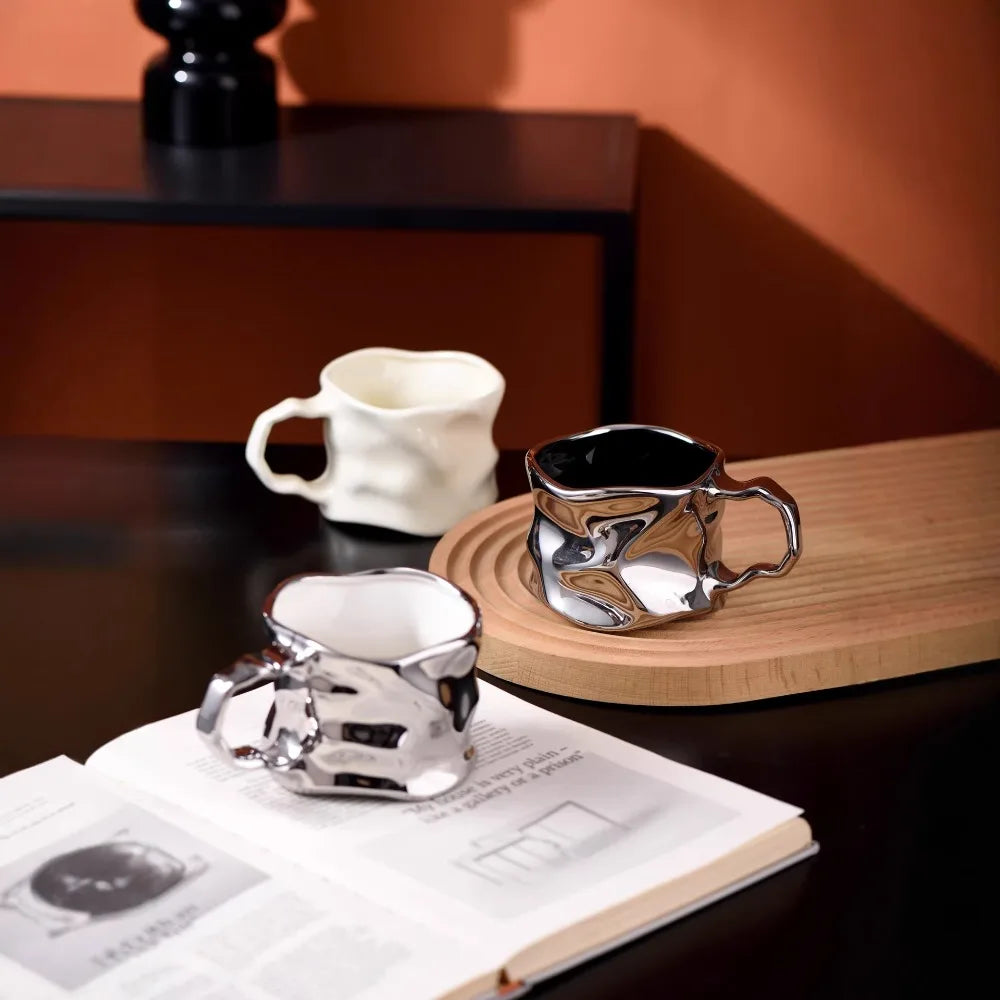 Modern Electroplated Silver Ceramic Coffee Cup Artistic Abstract