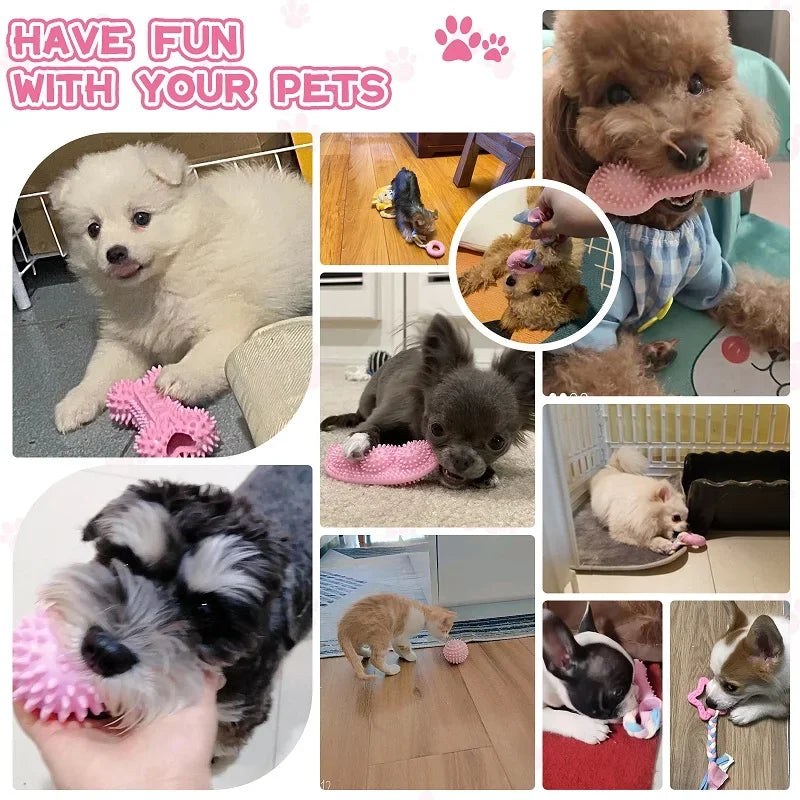 Dog Chew Toys for Cleaning Teeth Pink Soft Rubber Bone Funny Ball