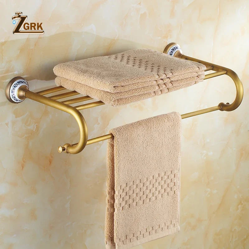 ZGRK Antique Bathroom Accessories Carved Brass Hardware Set Wall