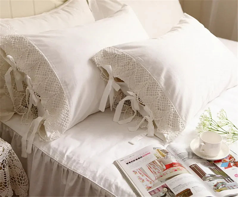 2 Pieces White Satin Lace Ruffle Pillow Case European Style Elegant Embroidered Pillowcase Luxury Bedding Pillow Cover