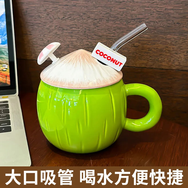 Coconut Shaped Mug Cute Drinking Cup With Lid and Straw Drinkware