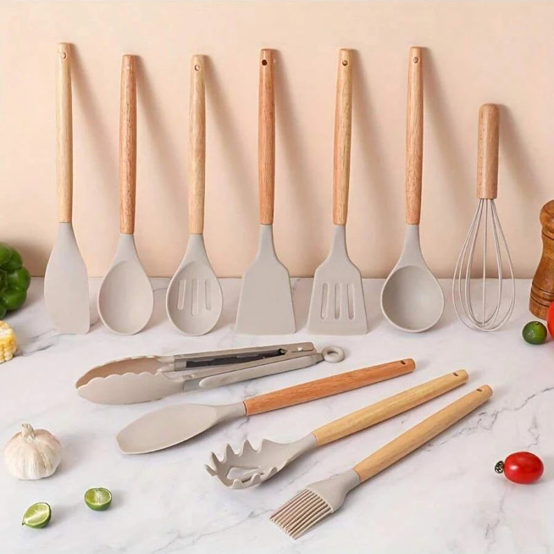 12-Piece Silicone Utensil Set, Wooden Handles
