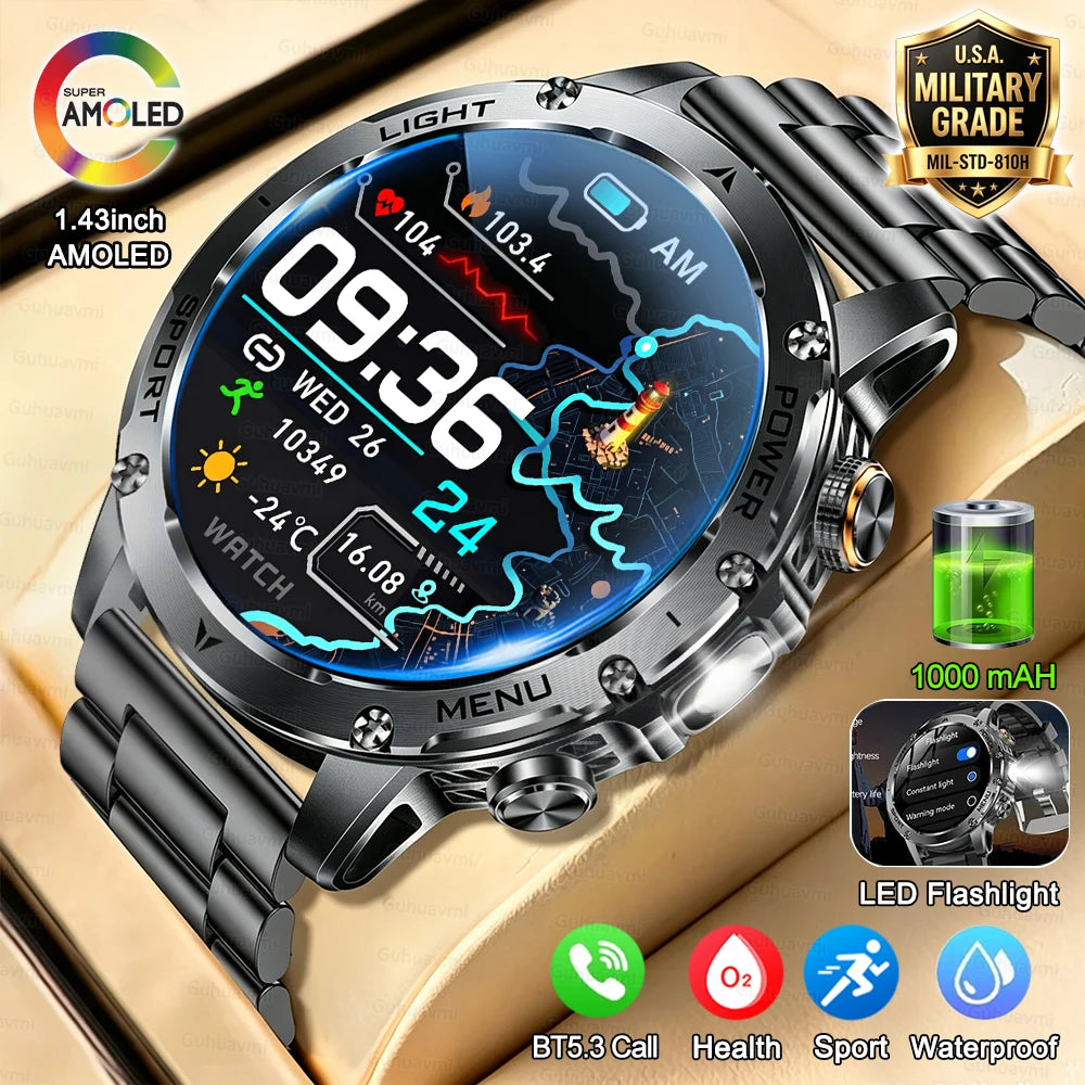 Military Smart Watch Fitness Clock Men 466*466 AMOLED Screen 1000mAh