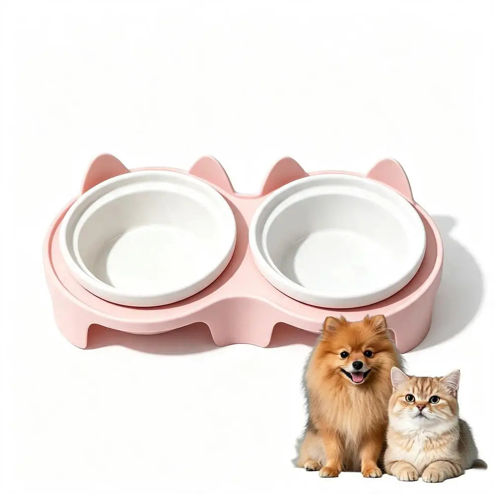 Pet Double Bowl Feeder for Dogs Cats Food Water Bowl Set Neck