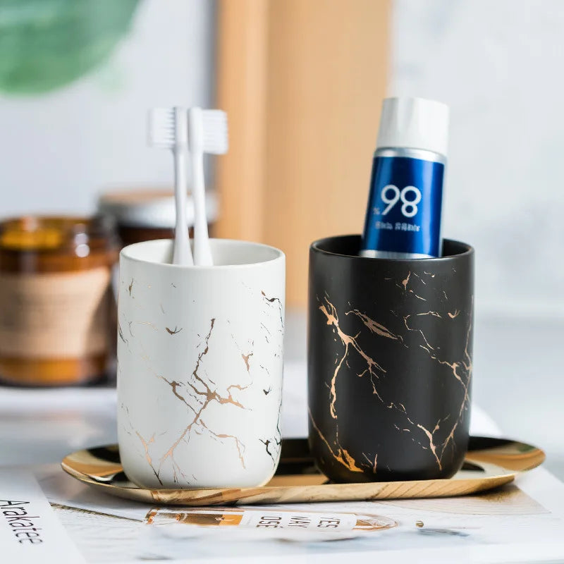 Creative Marbled Gold Plated Mouthwash Cup Couple Toothbrush Holder