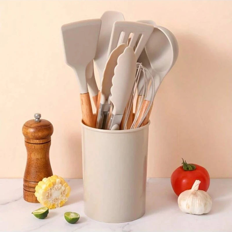 12-Piece Silicone Utensil Set, Wooden Handles
