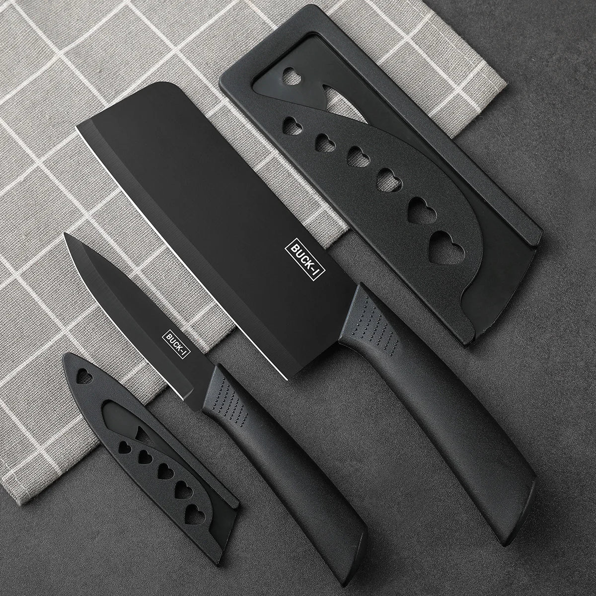 Kitchen knife set, including cleaver, chef's knife, and fruit knife