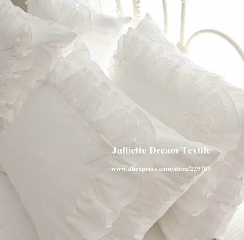 2 Pieces White Satin Lace Ruffle Pillow Case European Style Elegant Embroidered Pillowcase Luxury Bedding Pillow Cover