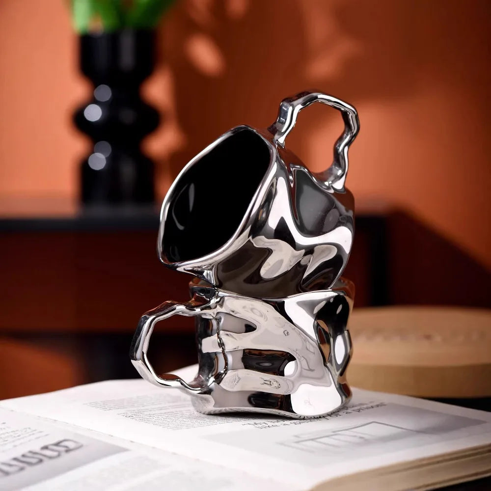 Modern Electroplated Silver Ceramic Coffee Cup Artistic Abstract