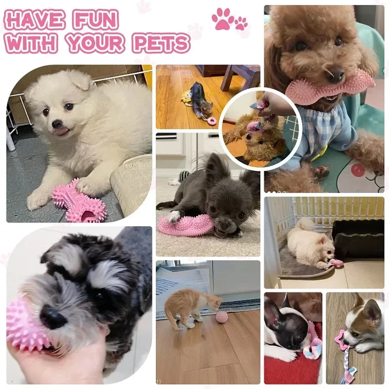 Dog Chew Toys for Cleaning Teeth Pink Soft Rubber Bone Funny Ball