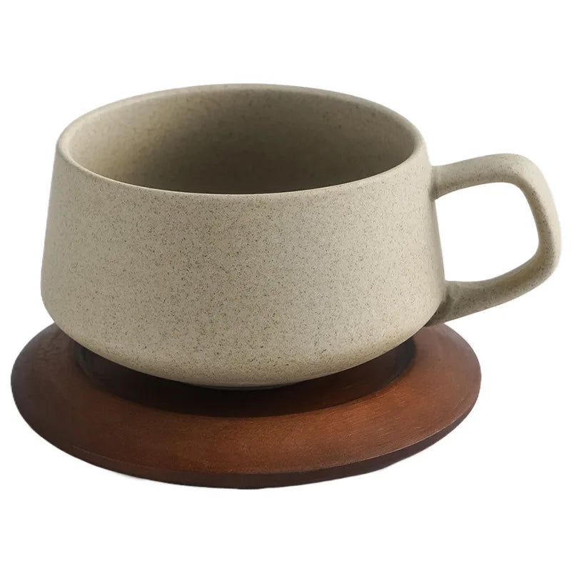 Coarse Pottery Ceramic Coffee Cup with Wooden Saucer 240ml Afternoon