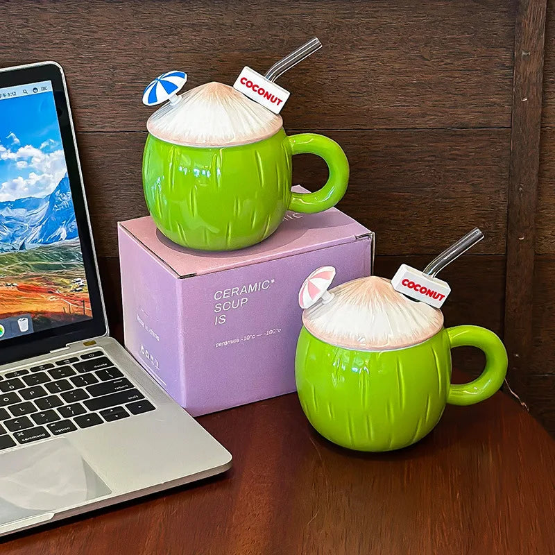 Coconut Shaped Mug Cute Drinking Cup With Lid and Straw Drinkware