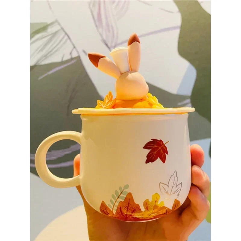 Coffee Mug with Lid  Autumn Cute Maple Leaf Forest Autumn Rabbit Cute