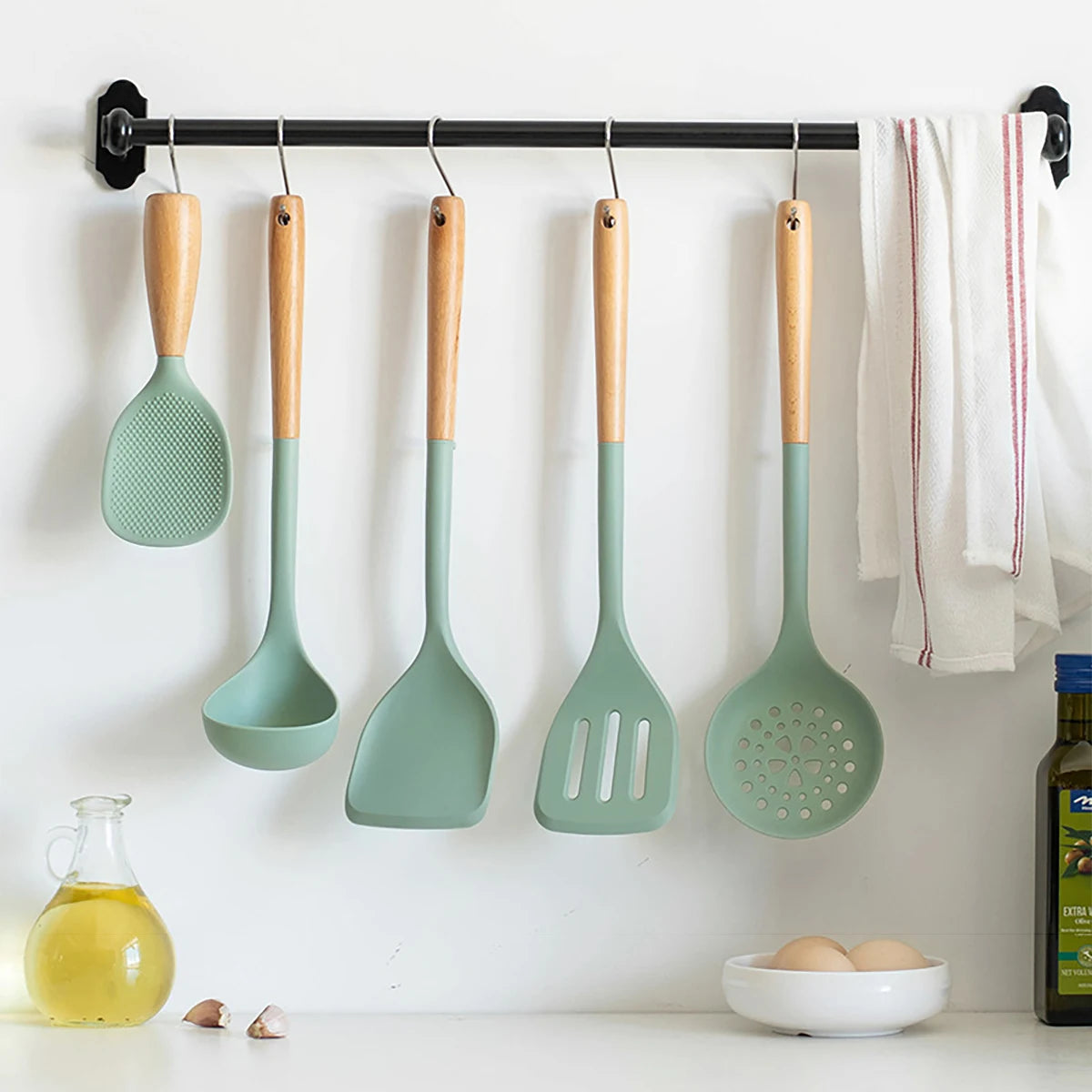 5pcs Silicone Kitchen Utensils Set Wooden Handle Non-stick Spatula