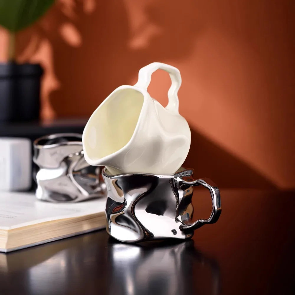 Modern Electroplated Silver Ceramic Coffee Cup Artistic Abstract