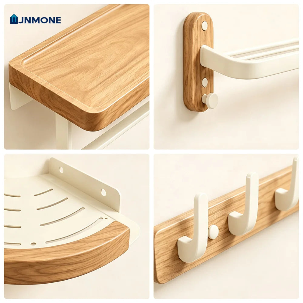White Walnut Wood Bathroom Hardware Set Towel Rack Organizer Shelf
