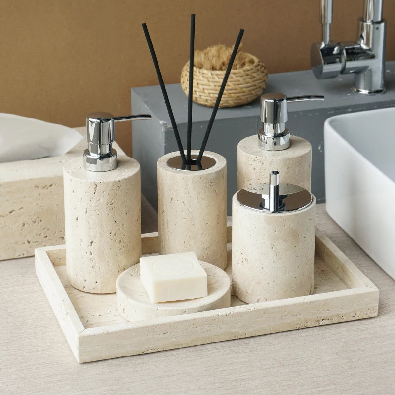 Beige Travertine Bathroom Accessories Set Natural Marble Soap