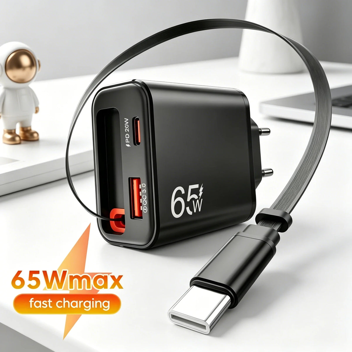 65W USB Phone Charger With Retractable Super Fast Charging Type C