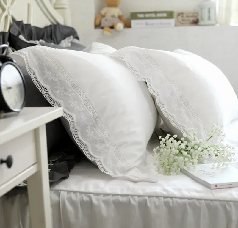 2 Pieces White Satin Lace Ruffle Pillow Case European Style Elegant Embroidered Pillowcase Luxury Bedding Pillow Cover