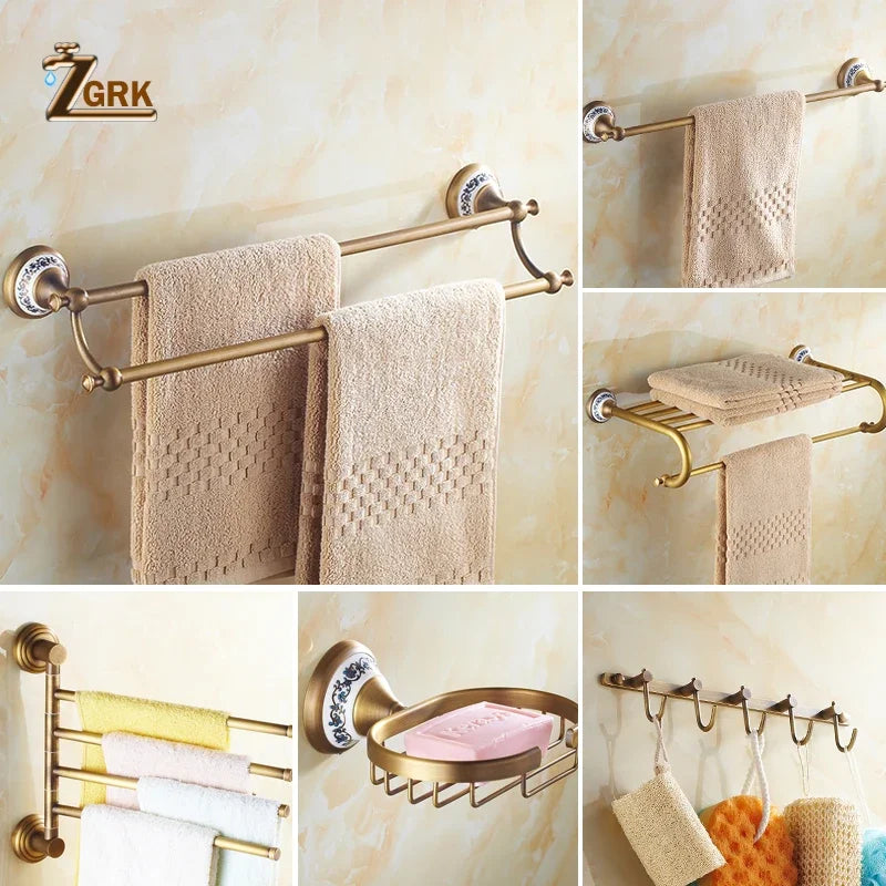 ZGRK Antique Bathroom Accessories Carved Brass Hardware Set Wall