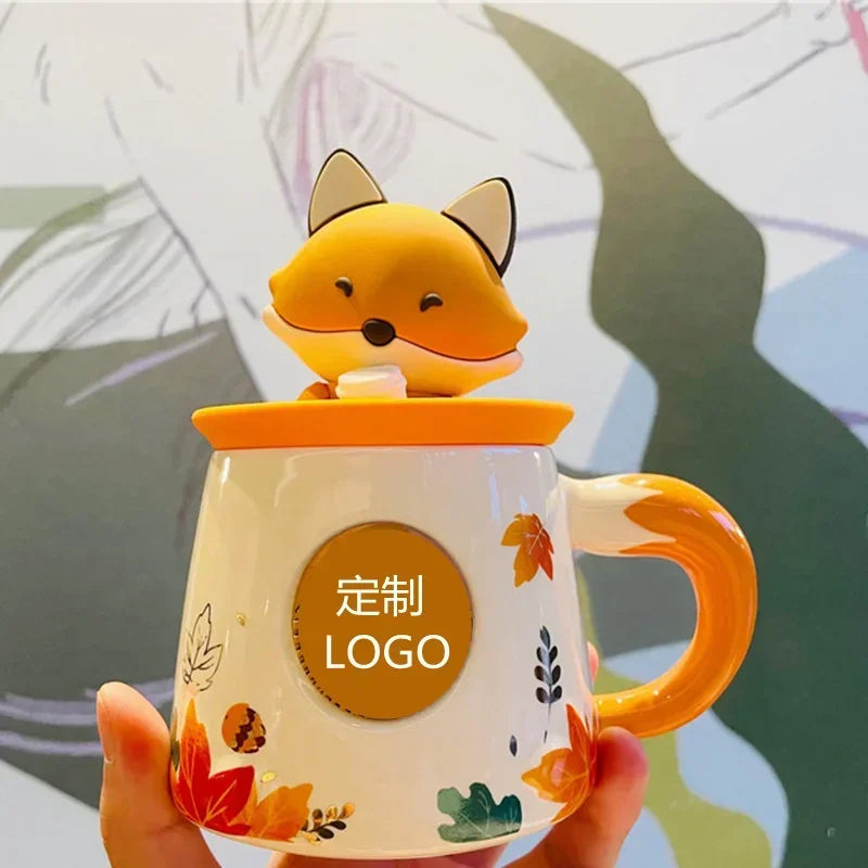 Coffee Mug with Lid  Autumn Cute Maple Leaf Forest Autumn Rabbit Cute
